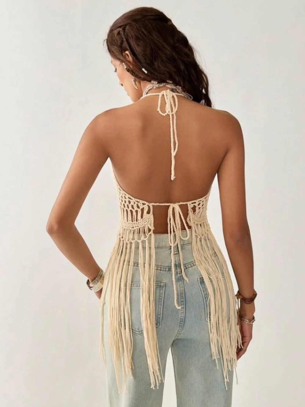 Bohemian Festival Crochet Halter Fringe Top in Cream - Picture 4 of 7